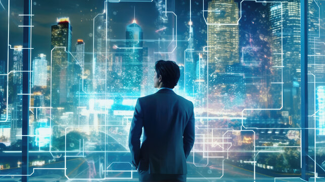 A businessman immersed in generating a wireframe for a global network connection