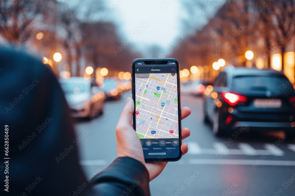 Poster user engages with ai parking app, close-up of smartphone screen. seamless city navigation unfolds