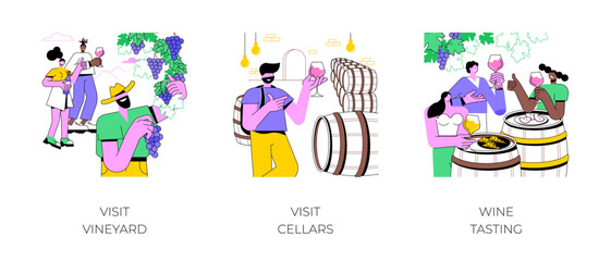 Wine tour isolated cartoon vector illustrations set. Group of diverse people visit vineyard, speak to winemaker, tour to cellars, tasting experience, gastronomy trip vector cartoon.