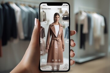 Fashion AI: Close-up phone showing attire with generated style tips. Next-gen online shopping - obrazy, fototapety, plakaty