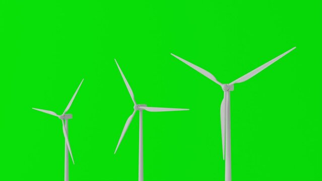 concept of eco ecology green clean energy sustainability with group windmill turbine loop green screen background. 3d render animation. windmill turbine loop green screen isolated