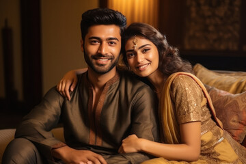 Obraz premium Young indian couple in traditional wear, hugging to each other and smiling.