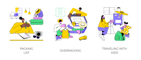 Packing for vacation isolated cartoon vector illustrations set. Woman writes list of things to pack, overpacking suitcase, traveling with kids, child and mom make luggage together vector cartoon.