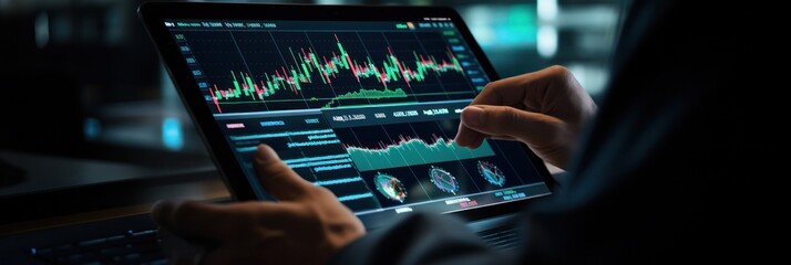 Close up: Hand leveraging AI analytics for stock trades on tablet. The future of financial banner