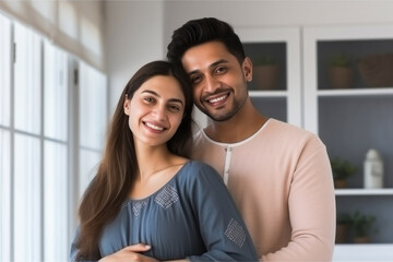 Fototapeta premium Young indian couple in traditional wear, hugging to each other and smiling.
