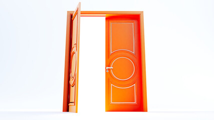 orange door Open entrance in colored background room. 3d render of orange open door. ight going through the opening double door