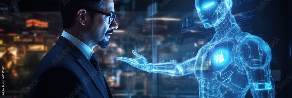 Poster holographic ai assistant in sync with human user, capturing the essence of modern convenience