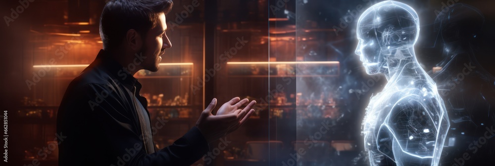 Poster Engaging scene of man and advanced human-like AI assistant, redefining digital interaction