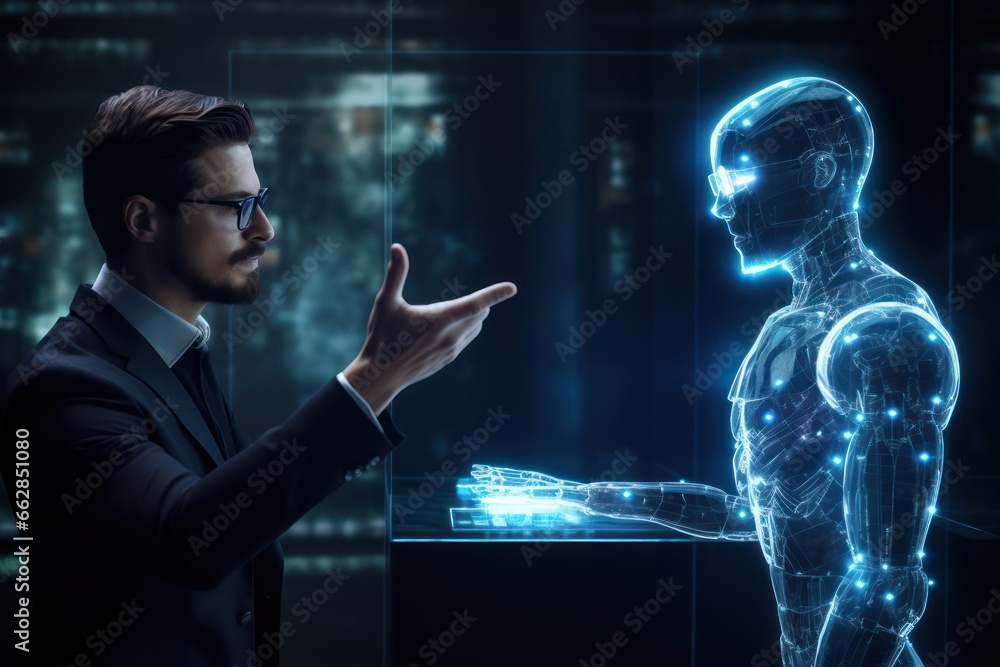 Poster man effortlessly connects with his holographic ai assistant counterpart, the new tech norm