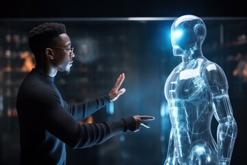 Merging realities: Human user engages with a lifelike holographic AI figure