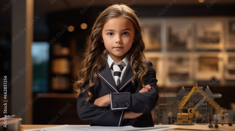 Poster portrait of a little girl looking like an engineer or architect wearing a helmet with blueprints on 
