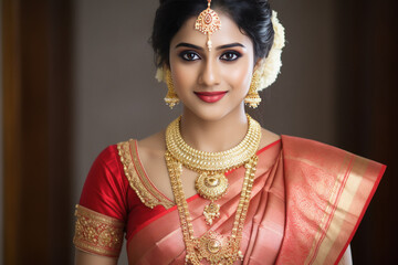 Indian beautiful bride wearing jewelery and traditional saree