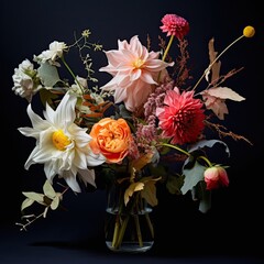 Bouquet Balance: A bouquet of mixed blooms laid flat, the stems intertwined and leaves purposefully arranged