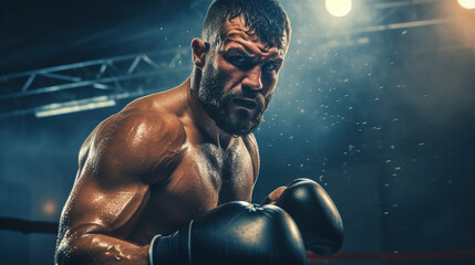 Fototapeta na wymiar About the sport of professional boxing, Heavy Bag Workout: A boxer strikes a heavy bag with power and precision, demonstrating their strength and training regimen