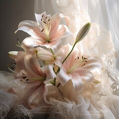 Lily and Lace: Soft pink lilies spread out with vintage lace, exuding both grace and antiquity