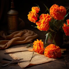 Marigold Moments: Bright marigolds paired with old parchment scrolls, evoking memories of forgotten summer letters
