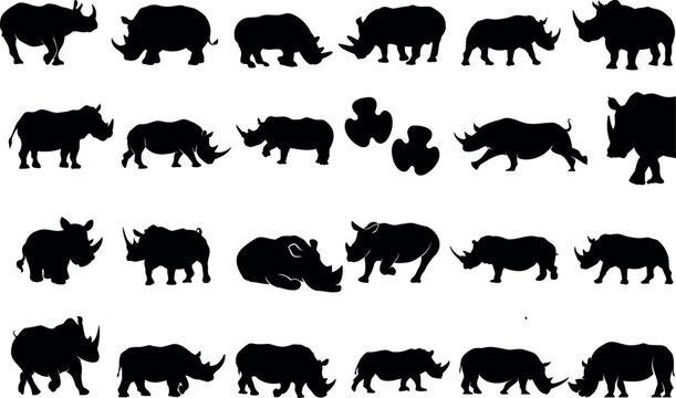 Rhinoceros Vector Illustration, Rhino Silhouettes, Rhino Clipart,This vector illustration shows a group of rhinoceros silhouettes on a white background. The silhouettes are detailed and realistic,