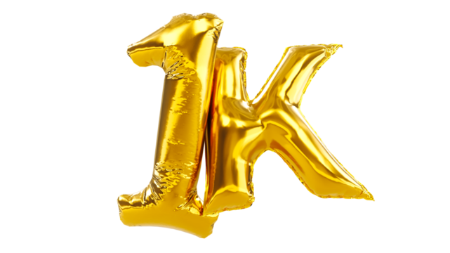Thank you one thousand or 1K subscribers. 3D render of gold one thousand balloons isolated on white background.