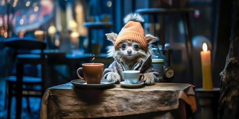 Obraz premium a cute little dog and a hat and coat is at cafeteria with a cup of coffee and breakfast, winter