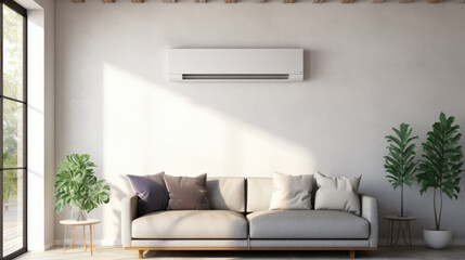 Air conditioner on white wall in modern room with stylish grey sofa