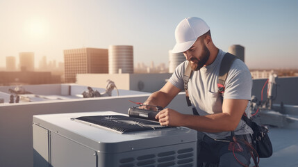 Air Conditioning Repair, repairman on the rooftop fixing air conditioning system. - obrazy, fototapety, plakaty