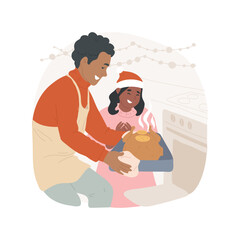 Delicious turkey isolated cartoon vector illustration. Father taking out baked turkey from the oven, young family preparing for Christmas holiday celebration together vector cartoon.