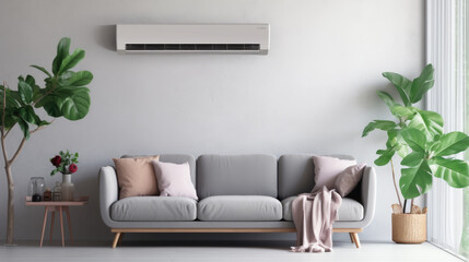 Air conditioner on white wall in modern room with stylish grey sofa - obrazy, fototapety, plakaty