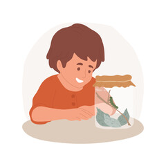 Baby caterpillar isolated cartoon vector illustration. Happy boy looking at baby caterpillar in a jar, living world, environmental-friendly hobby, young nature lover vector cartoon.