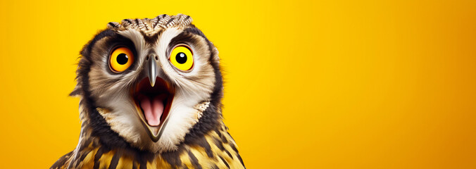 Surprised and shocked owl on yellow background. Emotional animal portrait. With copy space. - obrazy, fototapety, plakaty