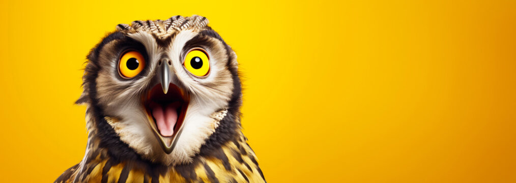 Surprised and shocked owl on yellow background. Emotional animal portrait. With copy space.