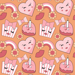 pattern with cute sweets hearts of character, cups coffee and flowers
