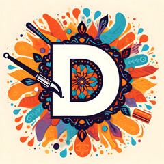 letter &ldquo;D&rdquo; in the center modern typography with Indian colors festival