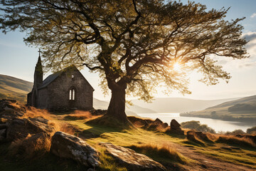 a small chapel standing at a crossroads, in the style of traditional  landscapes. AI generativ.