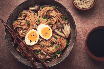 buckwheat noodles, soba, with shimeji mushrooms, boiled egg, green onion, sesame seeds, homemade,...