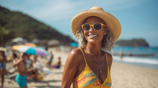 Happy senior woman posing on beach. Vacation concept.