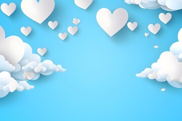 Background with blue sky and paper cut clouds and hearts. Happy Valentine's day.