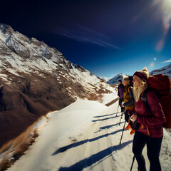Young women on a route through a snowy mountain