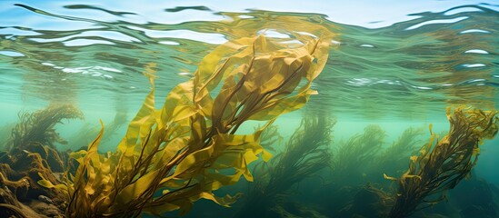 Macrocystis pyrifera known as giant kelp has rapid growth and can surpass 80 feet in height along California s rugged coast With copyspace for text