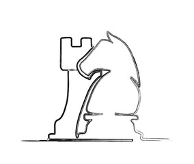 Minimalis chess knight and rook outline hand drawn illustration. Simple pawn line art vector illustration.