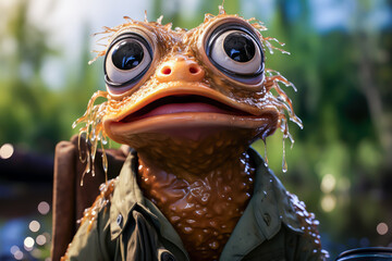 close-up photo of a frog in a trench coat, memes, funny,m humorous animals - obrazy, fototapety, plakaty