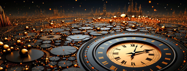 a clock on the ground in a landscape full of golden balls on dark background, passage of time, - obrazy, fototapety, plakaty