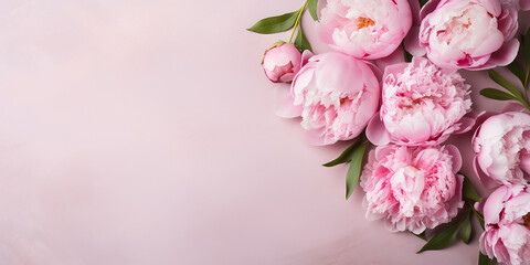 flat lay, peony flowers on a pink background. border of pink flowers with space for text. - obrazy, fototapety, plakaty