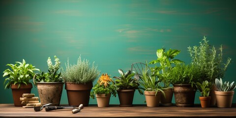 Home plants growing. Eco friendly composition with garden tools and plants on a wooden board on green backgrounds with copy space.