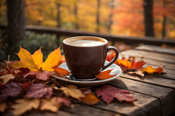 Naklejka na ściany i meble A cup of coffee on wooden table with autumn leaves .