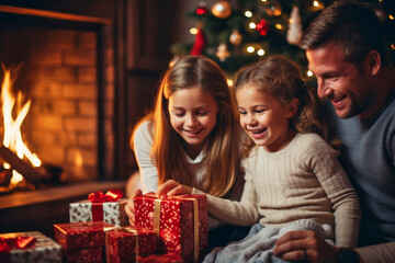Fototapeta na wymiar Family sitting by the fireplace, Christmas tree standing next to it. Children enjoying colourful presents. AI generativ.