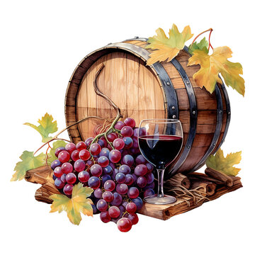 watercolor drawing, barrel of wine. red wine in a glass, grapes. vintage illustration