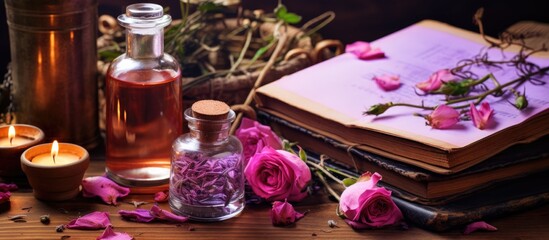 Fototapeta na wymiar Ingredients for a magical love potion with a spell book herbs rose oil water and a rose quartz crystal A mystical concoction for romance With copyspace for text