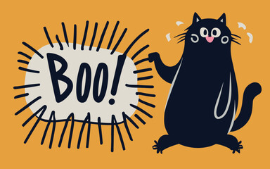 funny black cat saying boo ! ,happy Halloween , cat, animal, vector, cartoon, illustration, pet, kitten, black