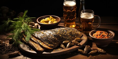 Horizontal, food composition with a open tin of Baltic sprats with spices, a fork, a bottle of dark beer and rye bread on old brown background with place for text. Fish appetizer with beer. - obrazy, fototapety, plakaty