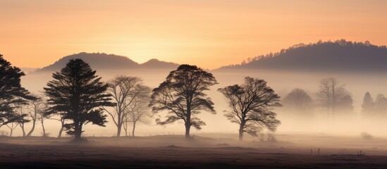 Obraz premium Foggy sunrise with darkened trees With copyspace for text